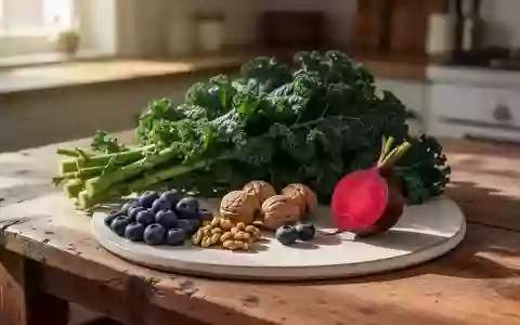 Frische Zutaten wie Grünkohl, Blaubeeren, Walnüsse und Rote Bete auf einem hölzernen Küchentisch bei natürlichem Licht. - Foto: über boerse-global.de