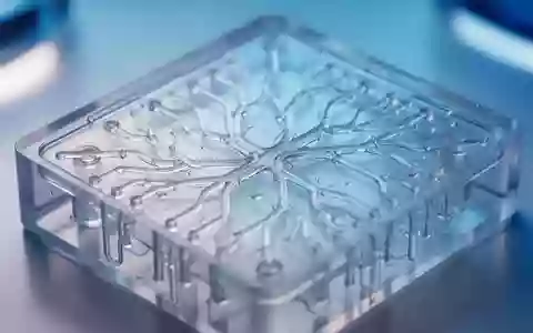 Nahaufnahme eines transparenten Mikrofluidik-Systems, das komplexe, verzweigte Gefäßstrukturen in einem Labor darstellt. - Foto: über boerse-global.de