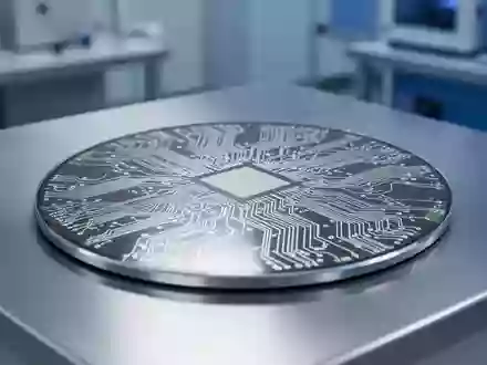 Ein hochdetailliertes Foto eines Halbleiter-Wafers mit sichtbaren Mikro-Schaltkreisen in einer sterilen Laborumgebung. - Foto: über boerse-global.de