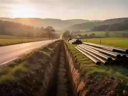 Frisch ausgehobener Graben für Glasfaserkabel am Rand einer Landstraße in einer ländlichen Hügellandschaft. - Foto: über boerse-global.de