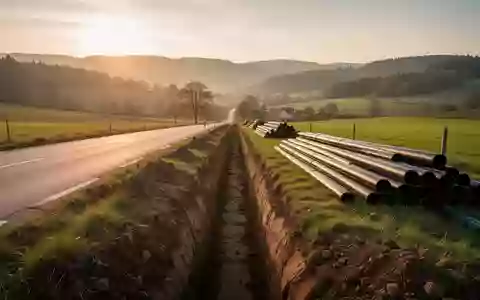 Frisch ausgehobener Graben für Glasfaserkabel am Rand einer Landstraße in einer ländlichen Hügellandschaft. - Foto: über boerse-global.de