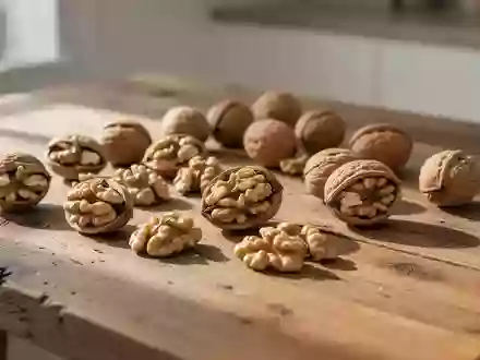 Eine Nahaufnahme von Walnüssen auf einem rustikalen Holztisch bei natürlichem Tageslicht. - Foto: über boerse-global.de