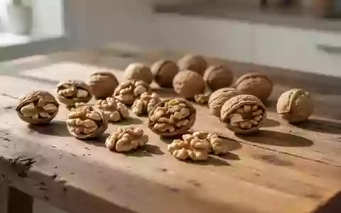 Eine Nahaufnahme von Walnüssen auf einem rustikalen Holztisch bei natürlichem Tageslicht. - Foto: über boerse-global.de