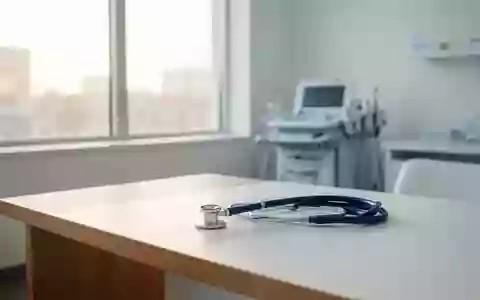 Ein helles, minimalistisches Behandlungszimmer mit einem Stethoskop auf einem weißen Schreibtisch in natürlichem Licht. - Foto: über boerse-global.de