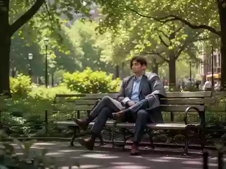 Eine Person entspannt sich in Business-Kleidung auf einer Parkbank im Grünen, umgeben von Bäumen. - Foto: über boerse-global.de