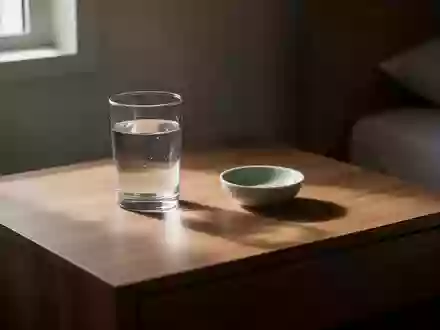 Ein leeres Glas Wasser auf einem Nachttisch in einem schlicht eingerichteten, ruhig beleuchteten Raum. - Foto: über boerse-global.de
