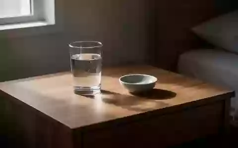 Ein leeres Glas Wasser auf einem Nachttisch in einem schlicht eingerichteten, ruhig beleuchteten Raum. - Foto: über boerse-global.de