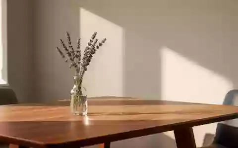 Ein heller, minimalistischer Behandlungsraum mit einer Vase und getrocknetem Lavendel auf einem Holztisch. - Foto: über boerse-global.de