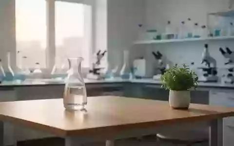 Ein heller, minimalistischer Forschungsraum mit einem Schreibtisch, einer Glaskaraffe und einer kleinen Pflanze. - Foto: über boerse-global.de
