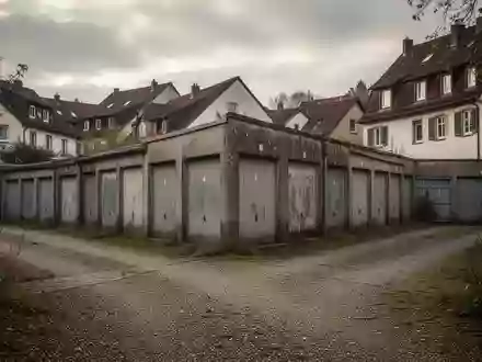Eine Häuserzeile aus Garagen in einer deutschen Kleinstadt bei bewölktem Himmel. - Foto: über boerse-global.de