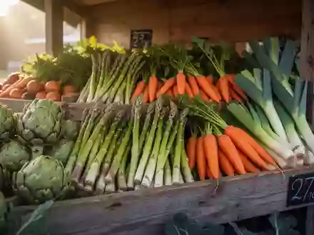 Frisches Obst und Gemüse wie Artischocken, Spargel und Karotten auf einem hölzernen Marktstand. - Foto: über boerse-global.de