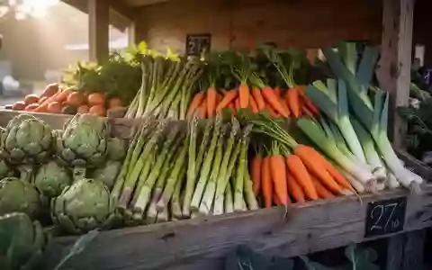 Frisches Obst und Gemüse wie Artischocken, Spargel und Karotten auf einem hölzernen Marktstand. - Foto: über boerse-global.de