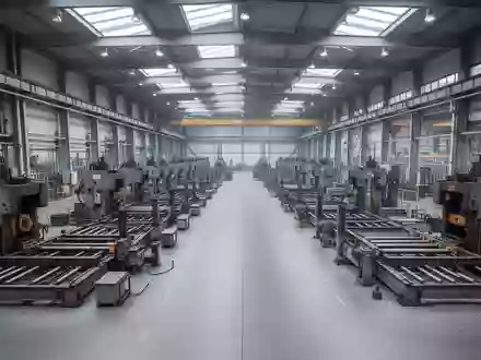 Eine weitläufige, menschenleere Industriehalle in Deutschland mit schweren, ungenutzten Produktionsmaschinen und Betonboden. - Foto: über boerse-global.de