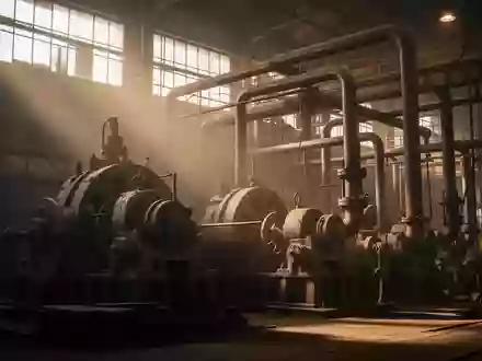 Innenansicht einer großen Industriehalle mit schweren Maschinen und Metallrohren in natürlichem Licht. - Foto: über boerse-global.de