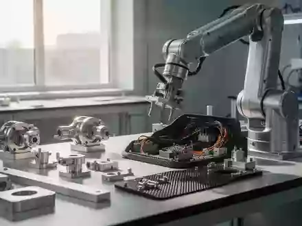 Eine saubere industrielle Laborumgebung mit mechanischen Bauteilen und präzisen Roboterkomponenten auf einer Werkbank. - Foto: über boerse-global.de