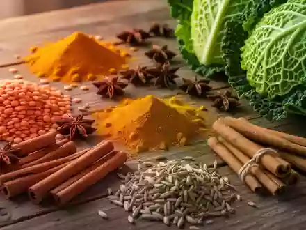 Verschiedene ayurvedische Zutaten wie Linsen, GewĂĽrze und Wirsing auf einem rustikalen Holztisch. - Foto: ĂĽber boerse-global.de