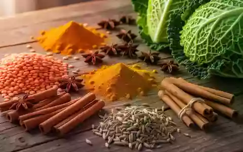 Verschiedene ayurvedische Zutaten wie Linsen, Gewürze und Wirsing auf einem rustikalen Holztisch. - Foto: über boerse-global.de