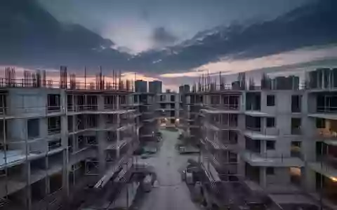 Eine Baustelle mit Rohbauten und Baugerüsten in der Dämmerung, die den Umfang der Wohnungsbauaktivitäten verdeutlicht. - Foto: über boerse-global.de