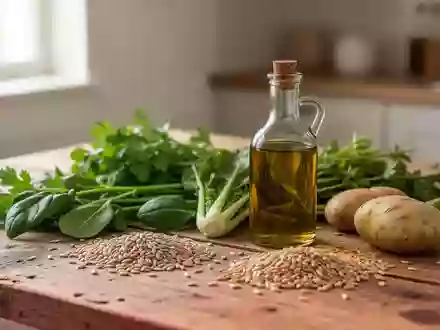 Frische, unverarbeitete Lebensmittel wie Gemüse und Olivenöl auf einem Holztisch als Symbol für herzgesunde Ernährung. - Foto: über boerse-global.de