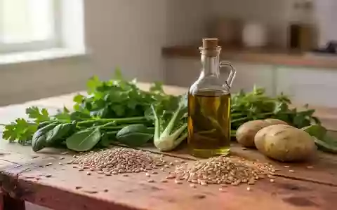 Frische, unverarbeitete Lebensmittel wie Gemüse und Olivenöl auf einem Holztisch als Symbol für herzgesunde Ernährung. - Foto: über boerse-global.de