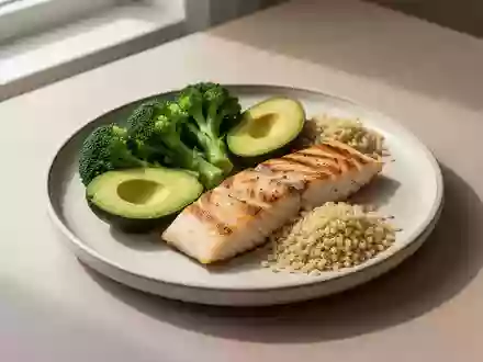 Ein Teller mit einer ausgewogenen Mahlzeit aus frischem Gemüse, Avocado, Fisch und Quinoa auf einem Holztisch. - Foto: über boerse-global.de