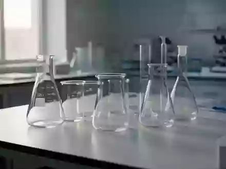 Leere wissenschaftliche Glasgeräte auf einem sterilen Labortisch in natürlichem Licht. - Foto: über boerse-global.de
