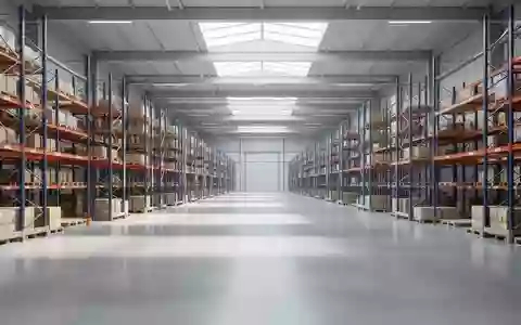 Ein modernes, leeres Logistiklager mit hohen Regalen und poliertem Betonboden in einer Industriehalle. - Foto: über boerse-global.de
