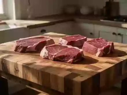 Rohes rotes Fleisch auf einem hölzernen Schneidebrett in einer hellen Küche. - Foto: über boerse-global.de