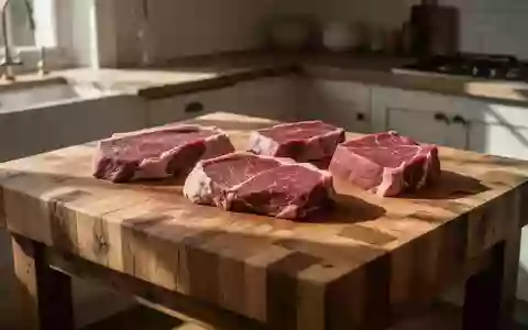 Rohes rotes Fleisch auf einem hölzernen Schneidebrett in einer hellen Küche. - Foto: über boerse-global.de