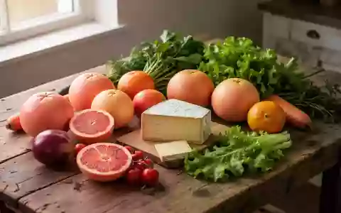 Frische Lebensmittel wie Grapefruit und Käse auf einem Holztisch, die den Einfluss der Ernährung auf Medikamente symbolisieren. - Foto: über boerse-global.de