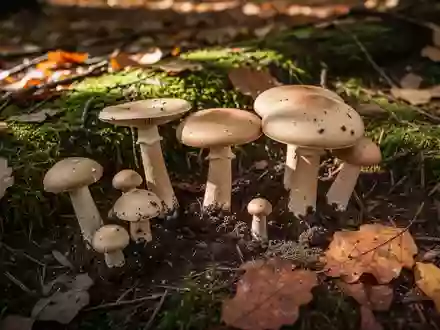 Verschiedene Waldpilze auf einem moosbewachsenen Waldboden im herbstlichen Licht. - Foto: über boerse-global.de
