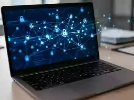 Ein moderner Laptop auf einem Schreibtisch mit einer abstrahierten Darstellung digitaler Sicherheitsnetzwerke. - Foto: über boerse-global.de