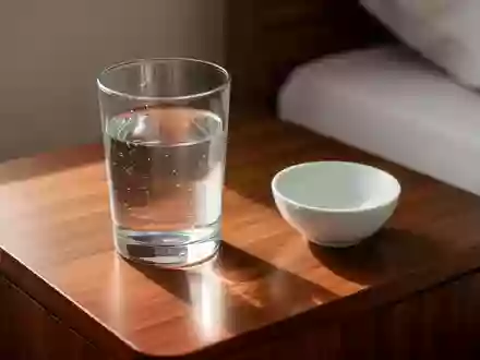 Ein Glas Wasser und eine leere Keramikschale auf einem hölzernen Nachttisch in weichem Tageslicht. - Foto: über boerse-global.de