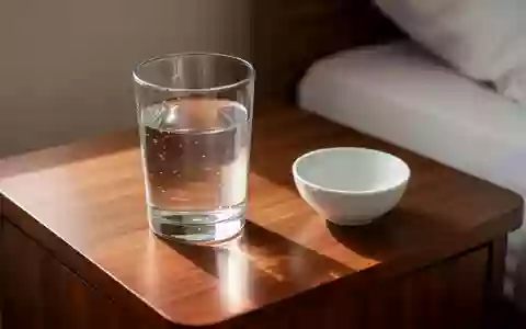 Ein Glas Wasser und eine leere Keramikschale auf einem hölzernen Nachttisch in weichem Tageslicht. - Foto: über boerse-global.de