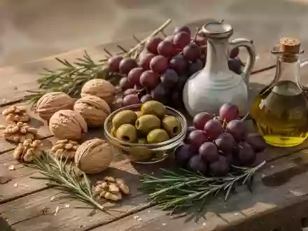 Frische mediterrane Lebensmittel wie Walnüsse, Oliven, Weintrauben und Olivenöl auf einem rustikalen Holztisch. - Foto: über boerse-global.de