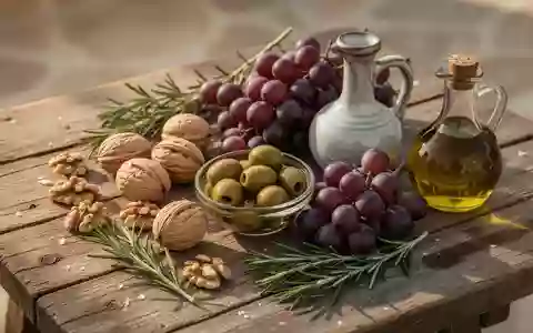 Frische mediterrane Lebensmittel wie Walnüsse, Oliven, Weintrauben und Olivenöl auf einem rustikalen Holztisch. - Foto: über boerse-global.de