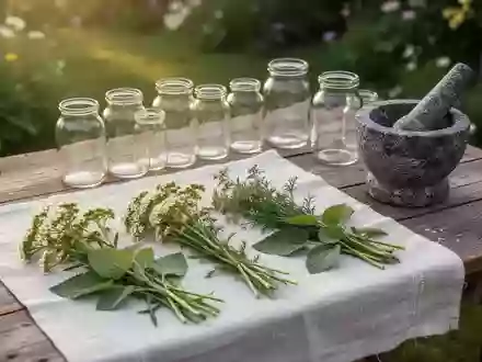 Frisch geerntete Heilkräuter und leere Apothekergläser auf einem Holztisch in einem sonnigen Garten. - Foto: über boerse-global.de