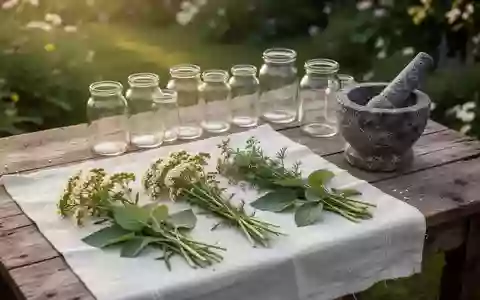 Frisch geerntete Heilkräuter und leere Apothekergläser auf einem Holztisch in einem sonnigen Garten. - Foto: über boerse-global.de