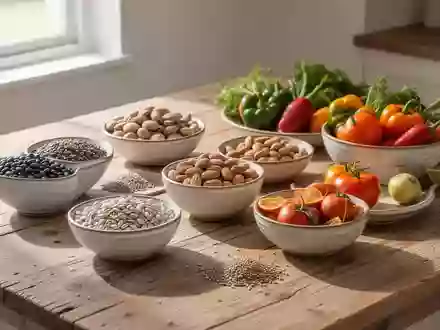 Eine Auswahl an gesunden Lebensmitteln wie Hülsenfrüchten, Nüssen und frischem Gemüse auf einem Holztisch. - Foto: über boerse-global.de