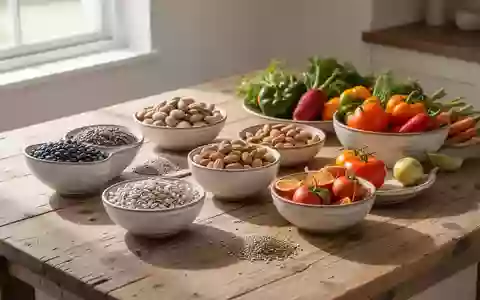 Eine Auswahl an gesunden Lebensmitteln wie Hülsenfrüchten, Nüssen und frischem Gemüse auf einem Holztisch. - Foto: über boerse-global.de