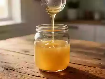 Goldenes, geklärtes Butterfett in einem Glas auf einem hölzernen Küchentisch bei natürlichem Licht. - Foto: über boerse-global.de