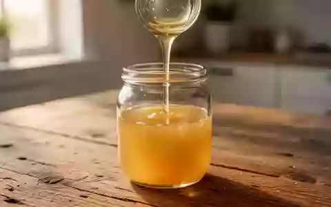 Goldenes, geklärtes Butterfett in einem Glas auf einem hölzernen Küchentisch bei natürlichem Licht. - Foto: über boerse-global.de