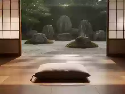 Ein minimalistischer Meditationsraum mit einem einzelnen Kissen auf einem Holzboden und Blick auf einen Zen-Garten. - Foto: über boerse-global.de