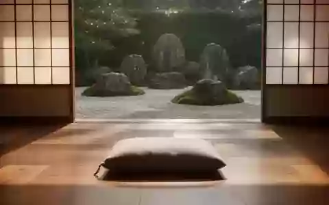 Ein minimalistischer Meditationsraum mit einem einzelnen Kissen auf einem Holzboden und Blick auf einen Zen-Garten. - Foto: über boerse-global.de