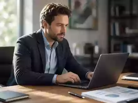 Ein Investor arbeitet an einem Laptop in einem modernen, sonnendurchfluteten Büro. - Foto: über boerse-global.de
