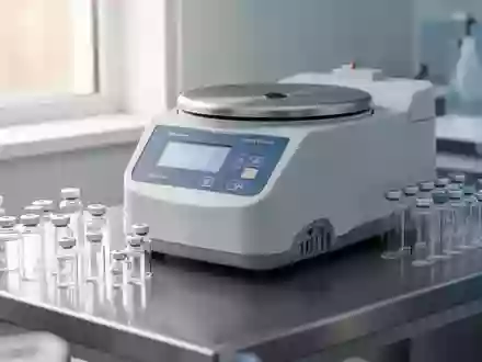 Ein steriler Labortisch mit medizinischen Probengefäßen und einer Zentrifuge in einem hellen, klinischen Umfeld. - Foto: über boerse-global.de