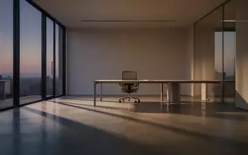 Ein leerer, minimalistischer Büroraum mit langen Schatten auf dem Boden und einem einzelnen leeren Stuhl an einem Schreibtisch. - Foto: über boerse-global.de