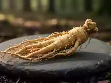 Eine Nahaufnahme einer rohen Ginsengwurzel auf einem dunklen Steinuntergrund in einer natürlichen, botanischen Umgebung. - Foto: über boerse-global.de