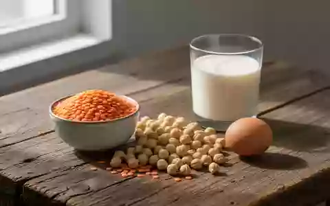 Eine Auswahl natürlicher Proteinquellen wie Linsen, Kichererbsen, Milch und ein Ei auf einem Holztisch. - Foto: über boerse-global.de