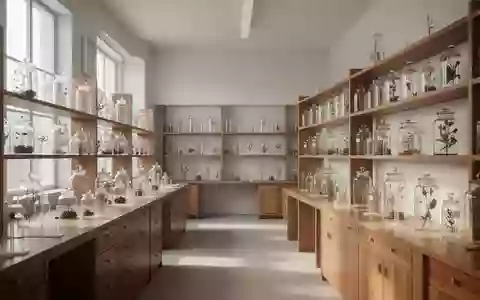 Ein minimalistisches Laboratorium mit hölzernen Regalen voller botanischer Proben und Glasgefäßen in hellem Tageslicht. - Foto: über boerse-global.de